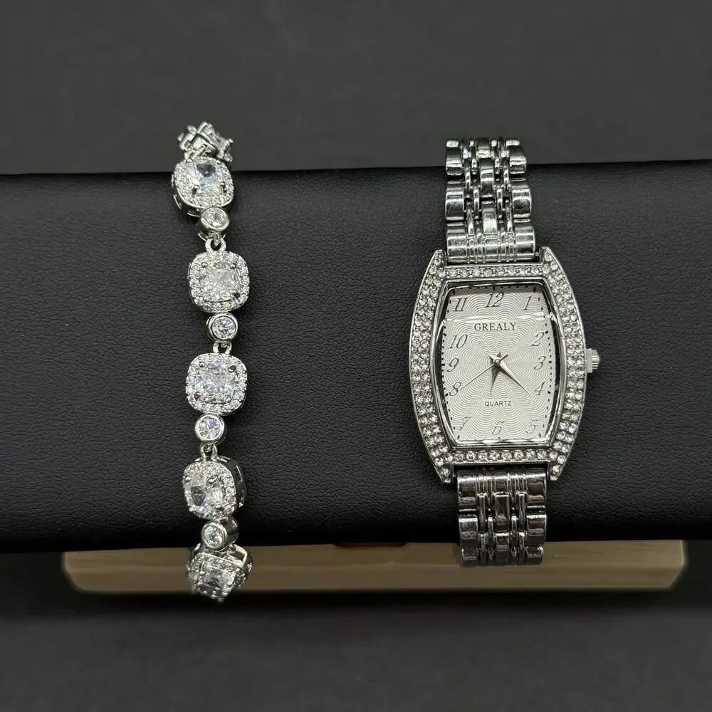 Gimto Silver Tone Watch Bracelet Set 2 Pc Iced Tonneau Dial Rhinestone Bling NEW